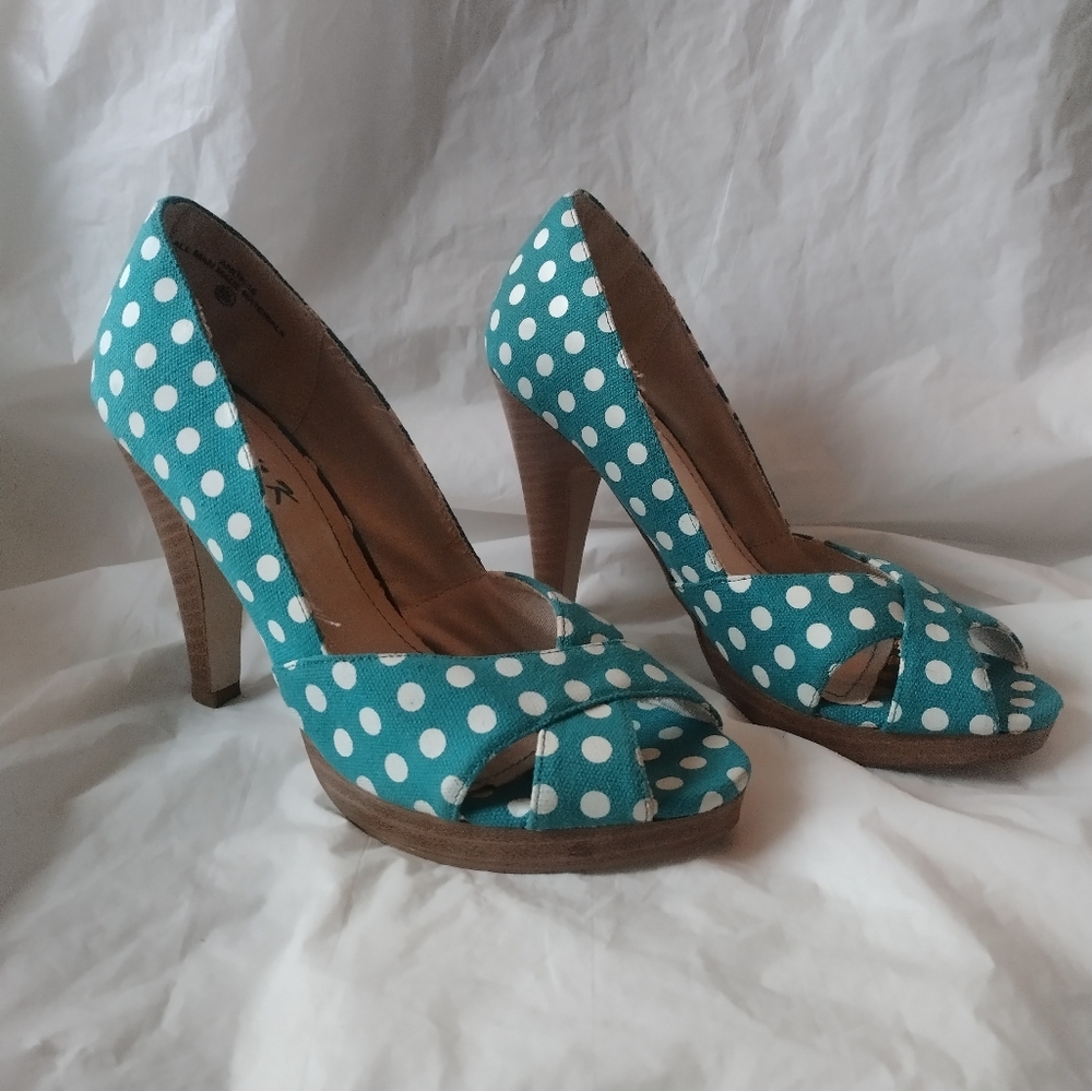 Teal Polka Dot Peep Toe Heels